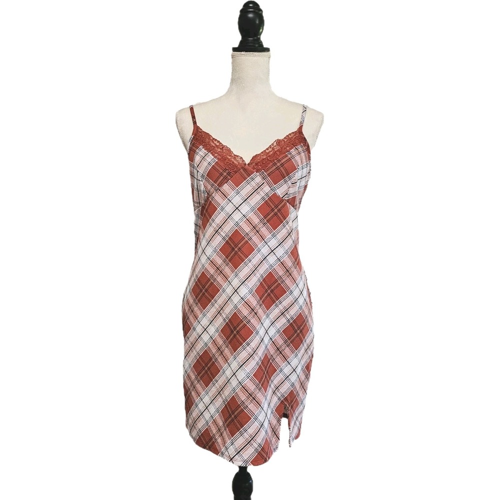 No Boundaries Juniors XXL Rust Plaid Lace Trim Babydoll Mini Dress Y2K Grunge‎